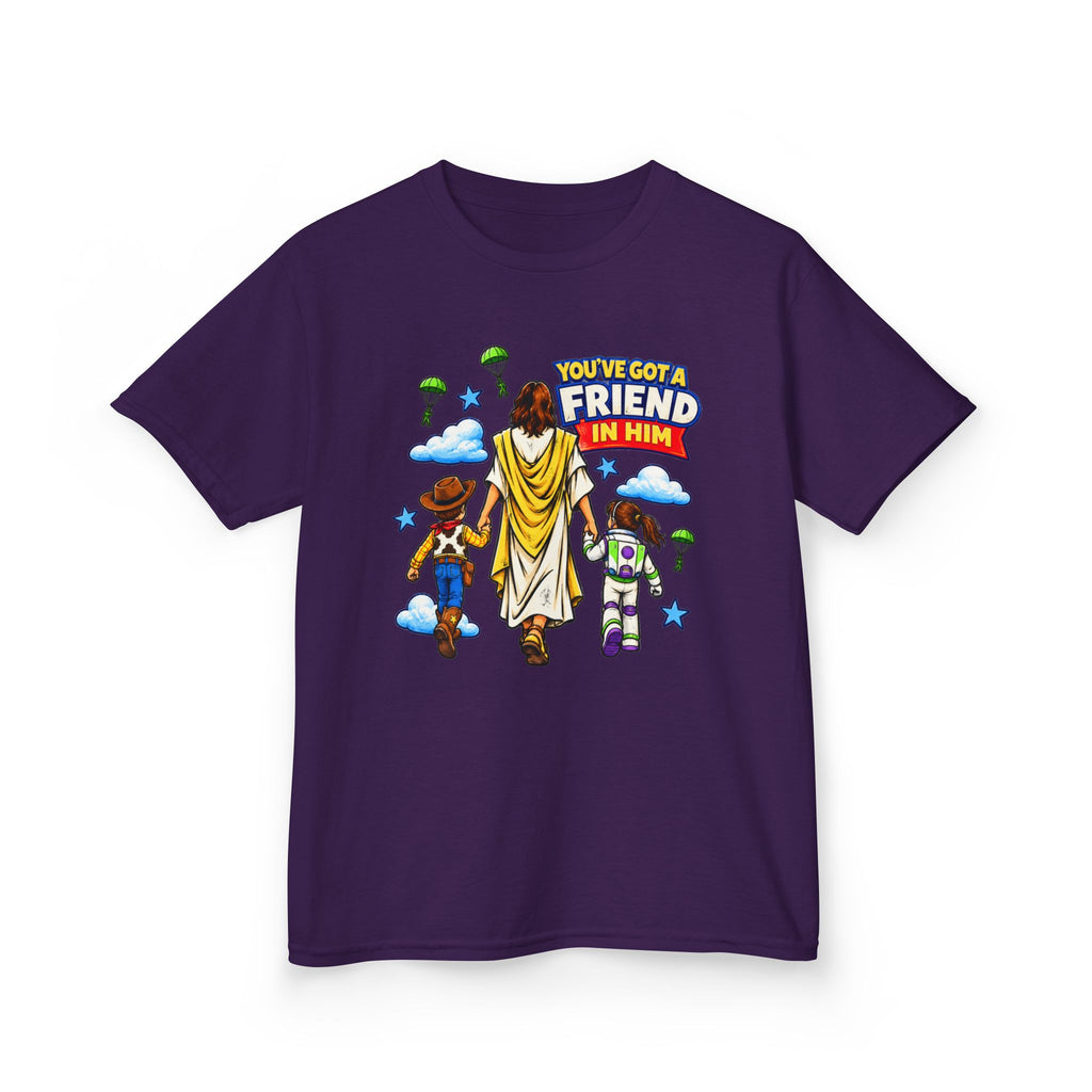Kids Tee — "You've Gotta Friend in Him" Inspirational Jesus & Toy Friends Graphic