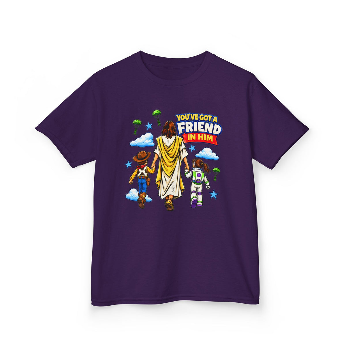 Kids Tee — "You've Gotta Friend in Him" Inspirational Jesus & Toy Friends Graphic