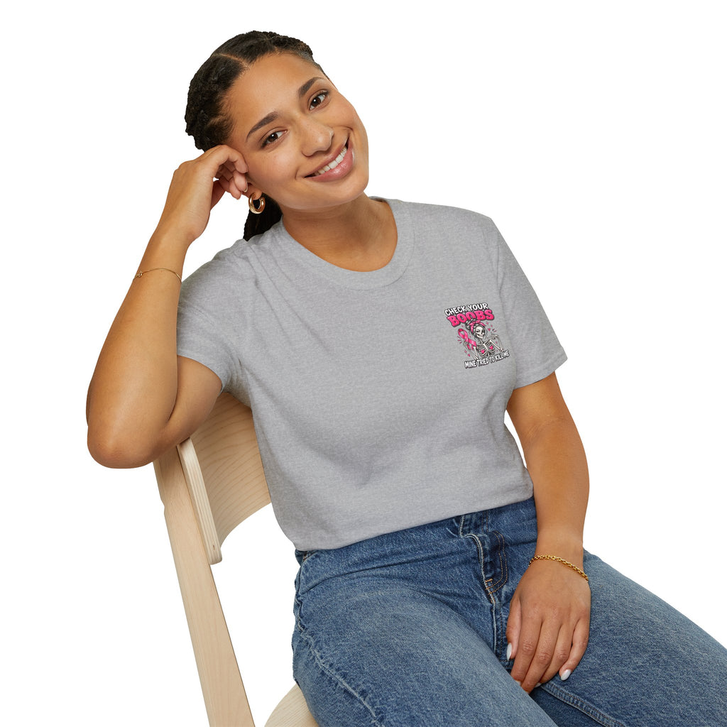 Breast Cancer Awareness T-Shirt — “Check Your Boobs, Mine Tried to Kill Me” Graphic Tee