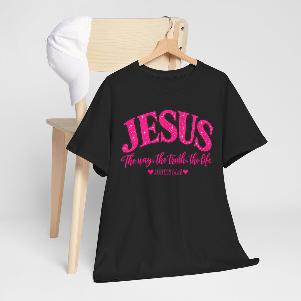 Christian T-Shirt — "JESUS The way, the truth, the life" (John 14:6) Pink Vintage Script
