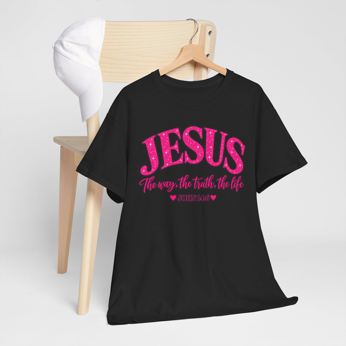 Christian T-Shirt — "JESUS The way, the truth, the life" (John 14:6) Pink Vintage Script
