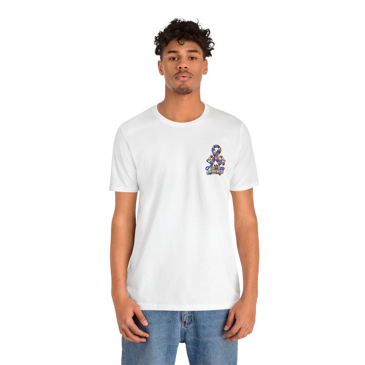 Autism Awareness Ribbon Chest Tee — 'Different, Not Less' Short Sleeve T-Shirt