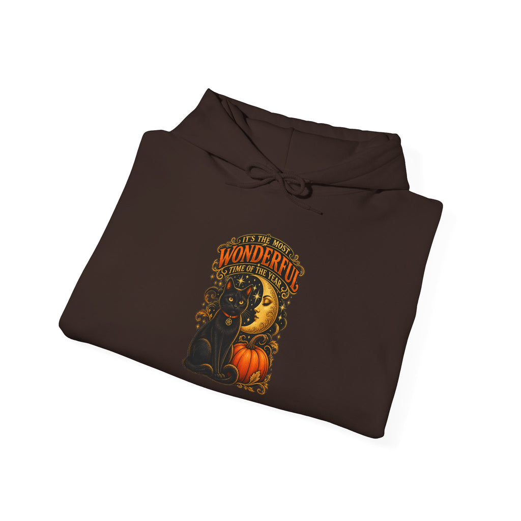 Halloween Black Cat Moon Hoodie – Vintage Pumpkin & Crescent Moon Fall Sweatshirt