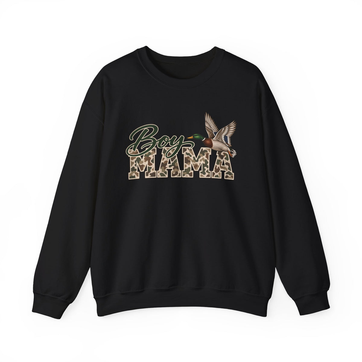 Boy Mama Crewneck Sweatshirt — Camo Lettering with Flying Duck