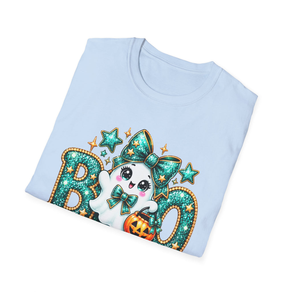 Boo Ghost Graphic T-Shirt — Cute Teal Glitter Halloween Tee