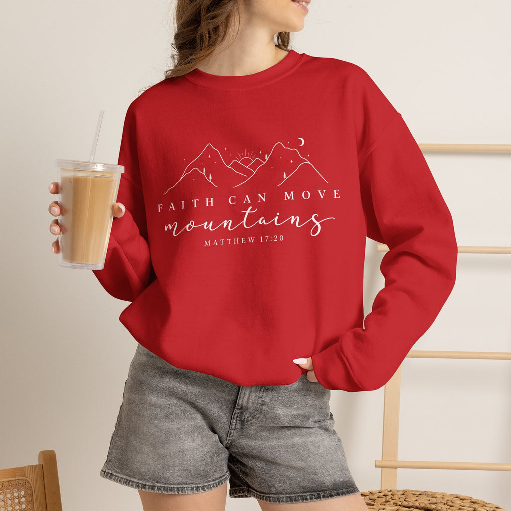 Faith Can Move Mountains Crewneck Sweatshirt — Matthew 17:20 Christian Mountain Design