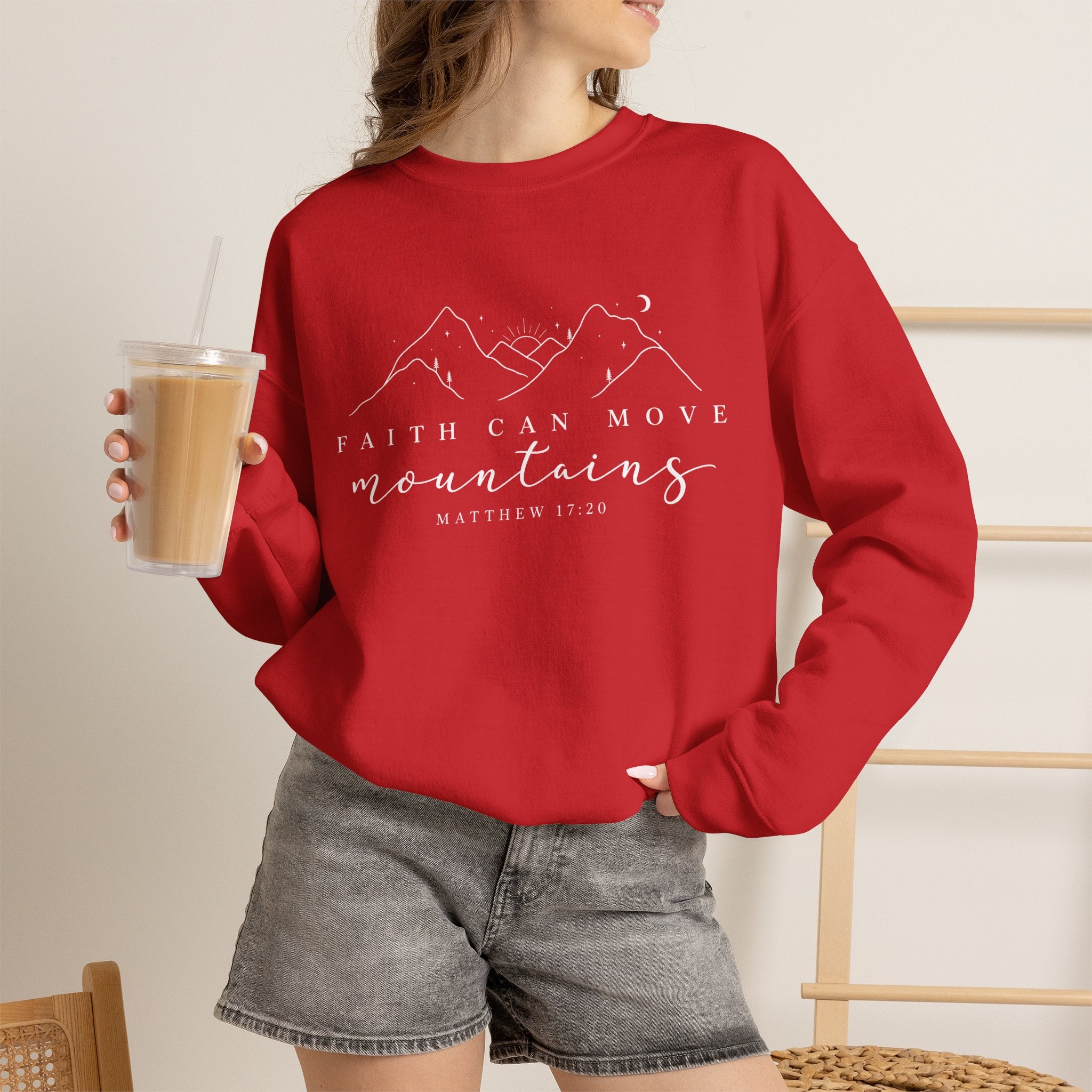 Faith Can Move Mountains Crewneck Sweatshirt — Matthew 17:20 Christian Mountain Design