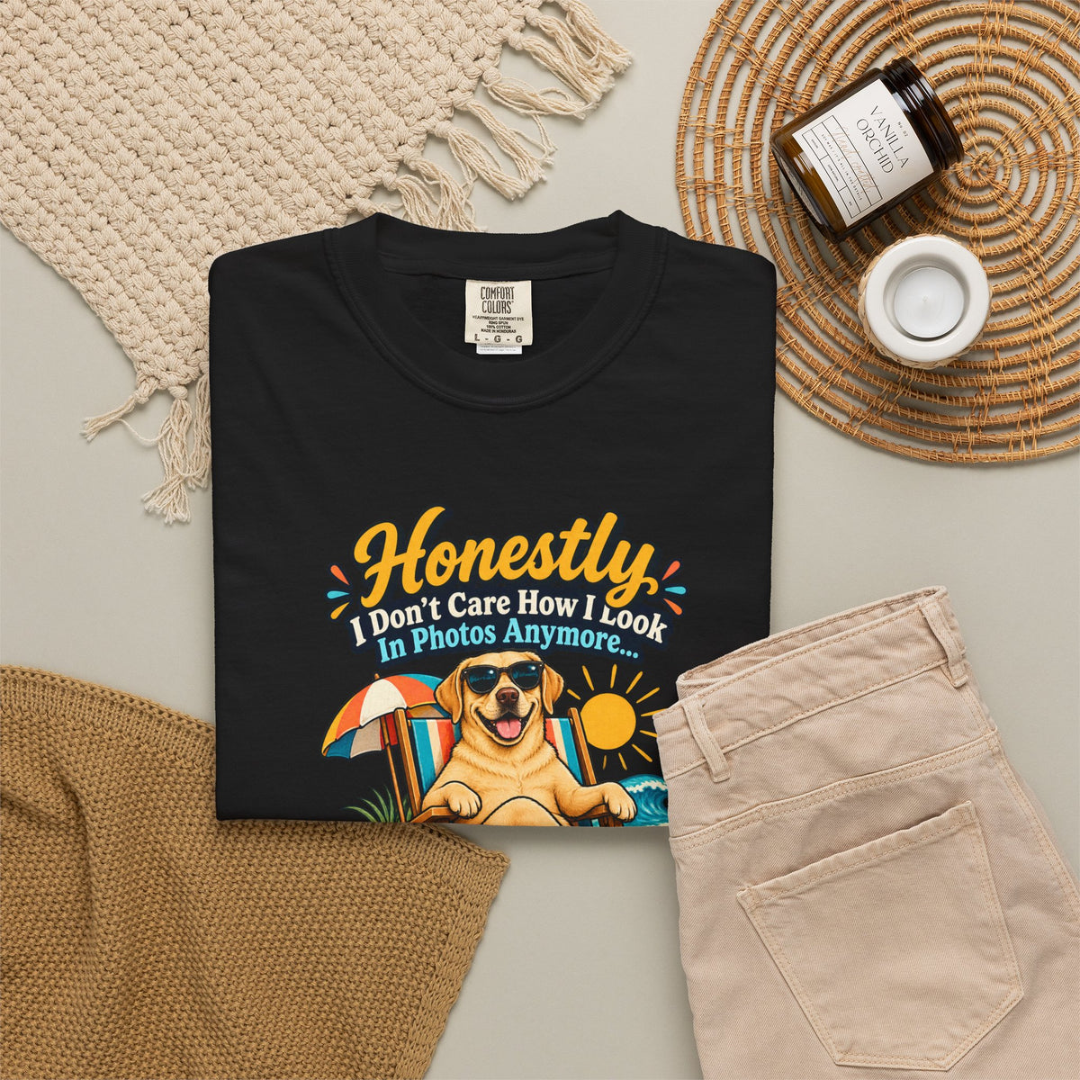 Honestly I Don’t Care How I Look In Photos Anymore T-Shirt — Funny Beach Dog Graphic Tee