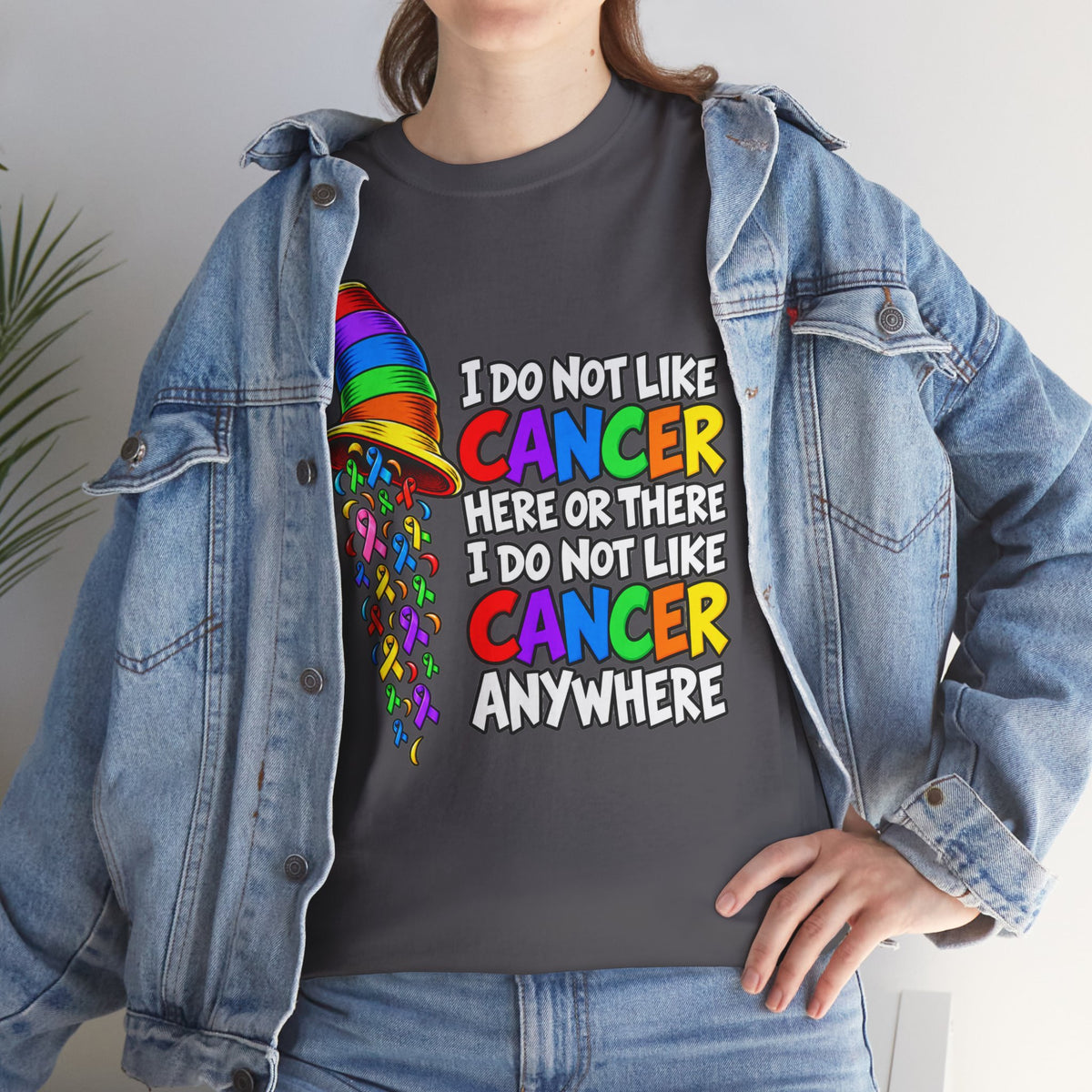 Cancer Awareness T-Shirt — “I Do Not Like Cancer Here or There” Rainbow Ribbon Tee