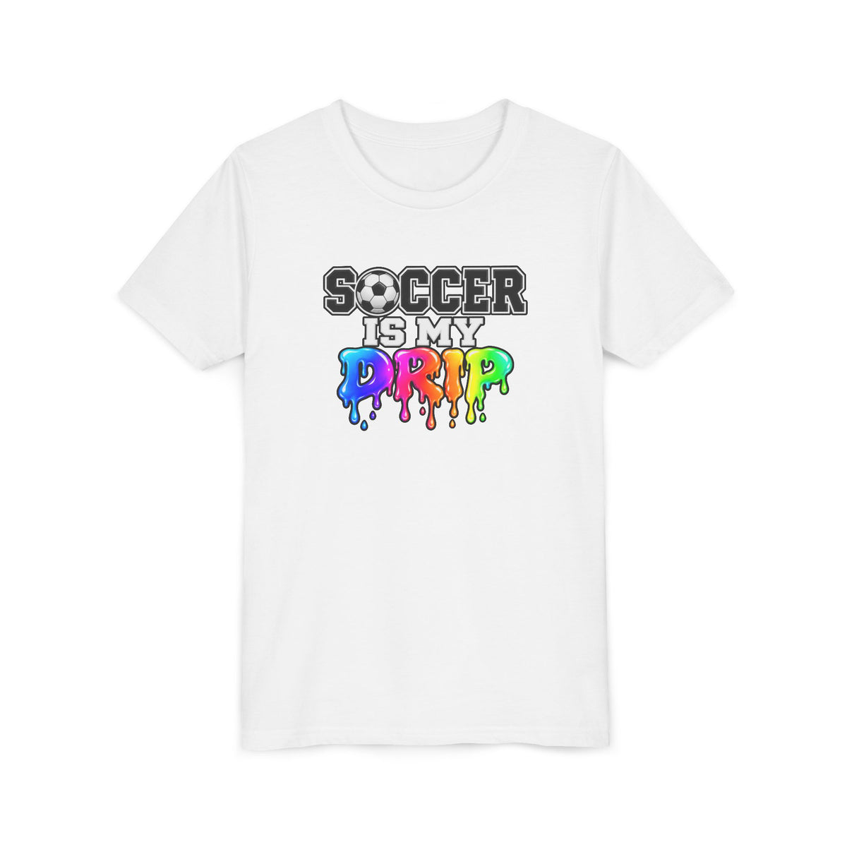 Youth Tee — "Soccer Is My Drip" Colorful Drip Soccer Graphic