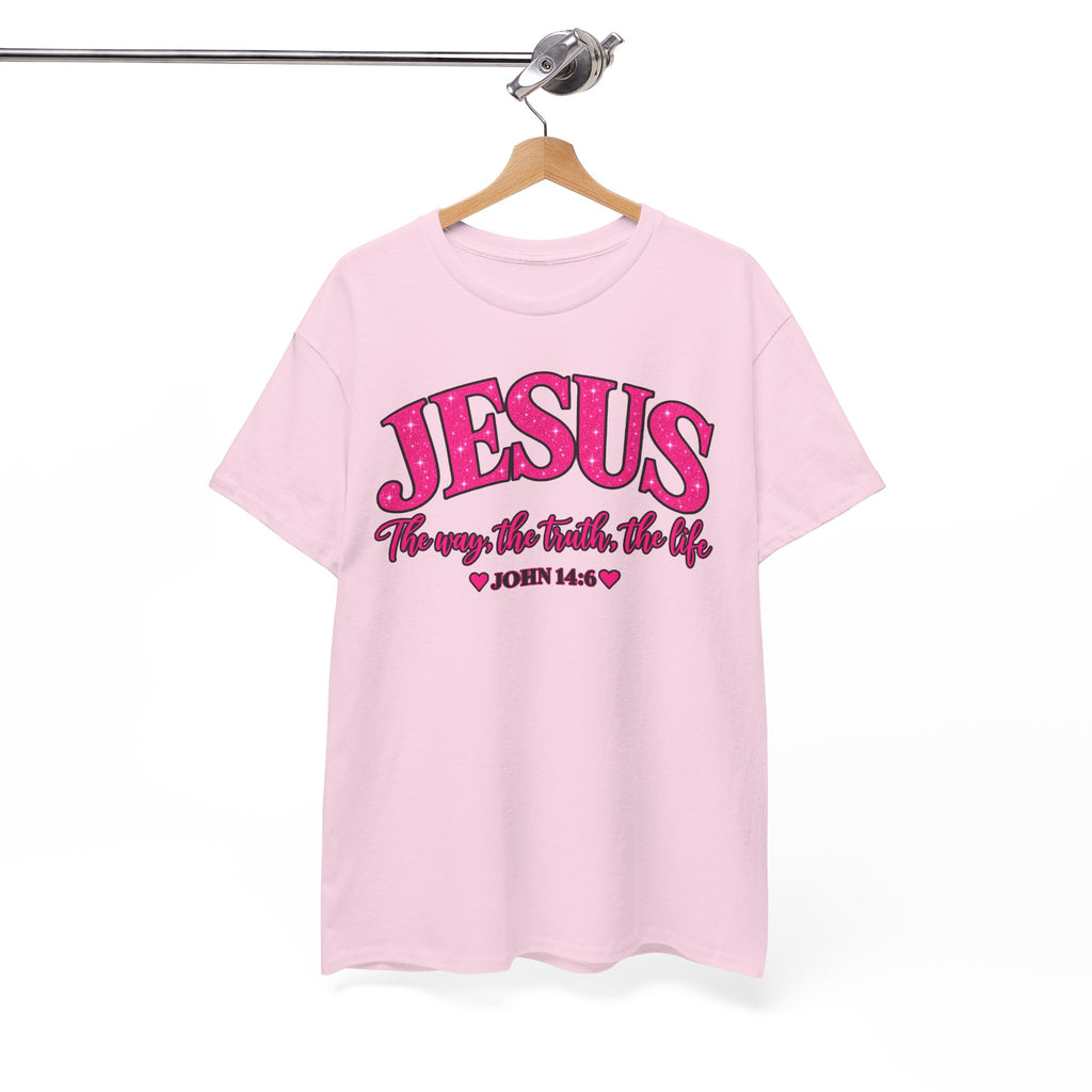 Christian T-Shirt — "JESUS The way, the truth, the life" (John 14:6) Pink Vintage Script