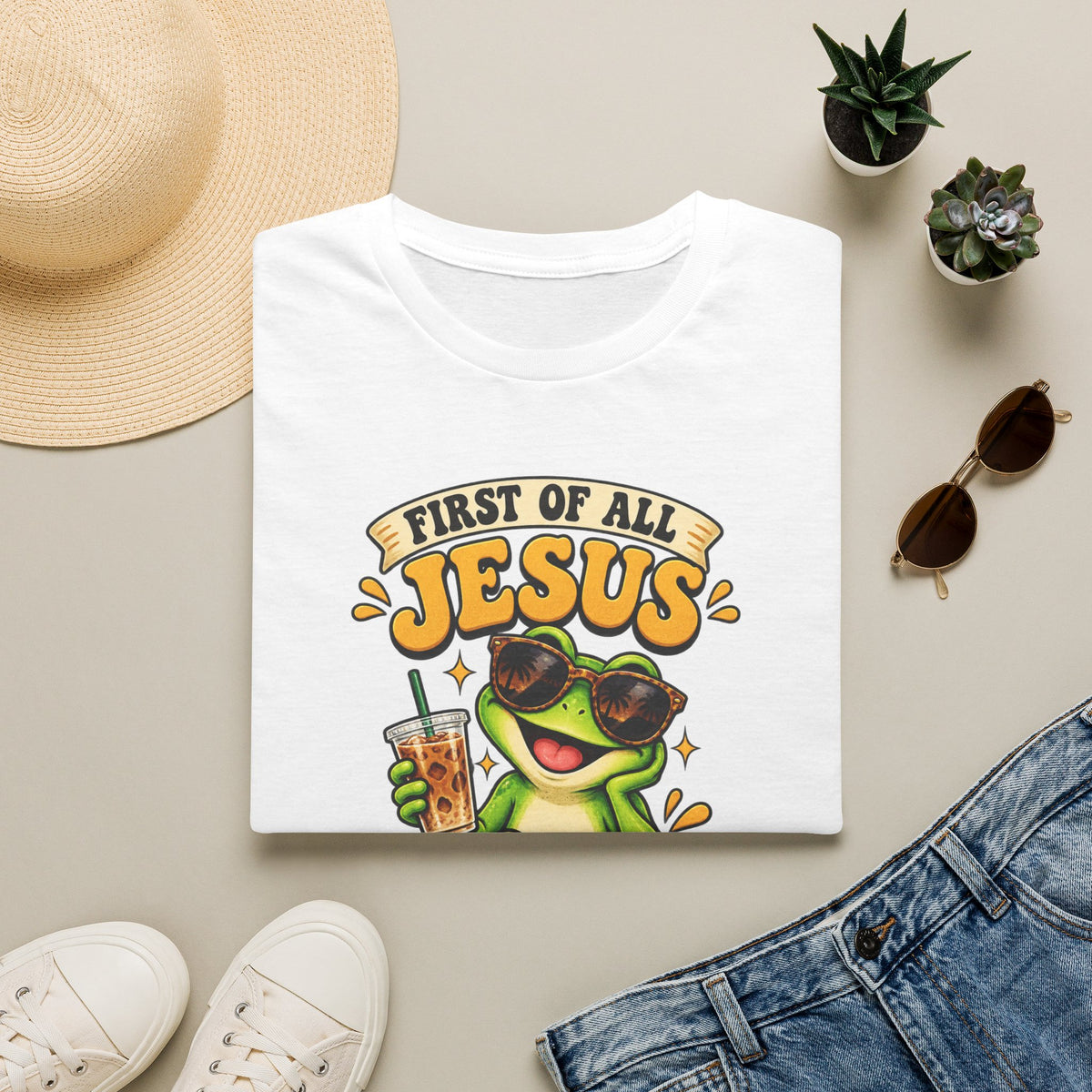 Jesus Frog T-Shirt — "First of All Jesus" Cute Frog Christian Tee