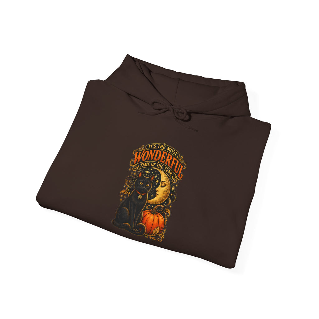 Halloween Black Cat Moon Hoodie – Vintage Pumpkin & Crescent Moon Fall Sweatshirt