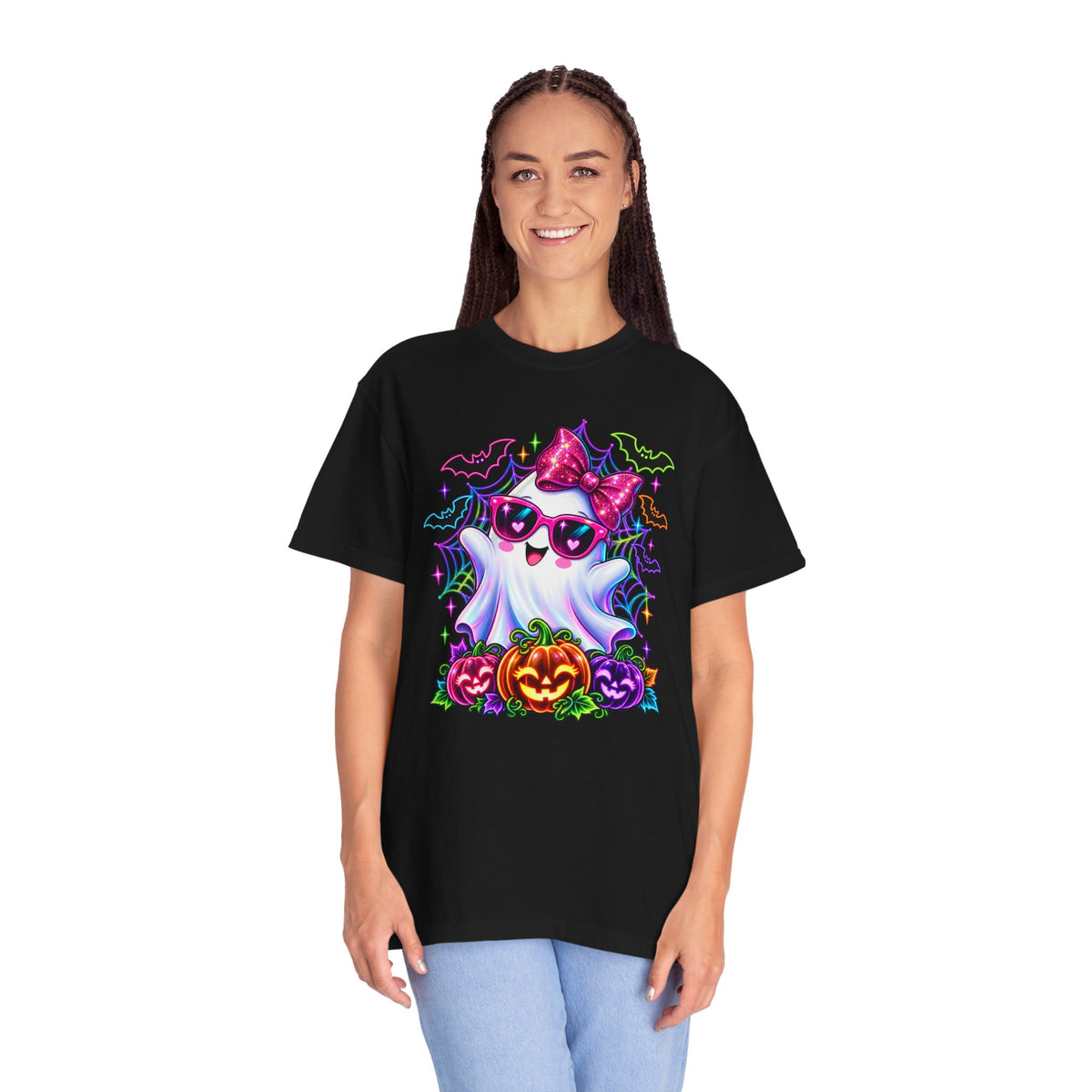 Cute Halloween Ghost T-Shirt — Pink Bow Ghost with Sunglasses & Pumpkins