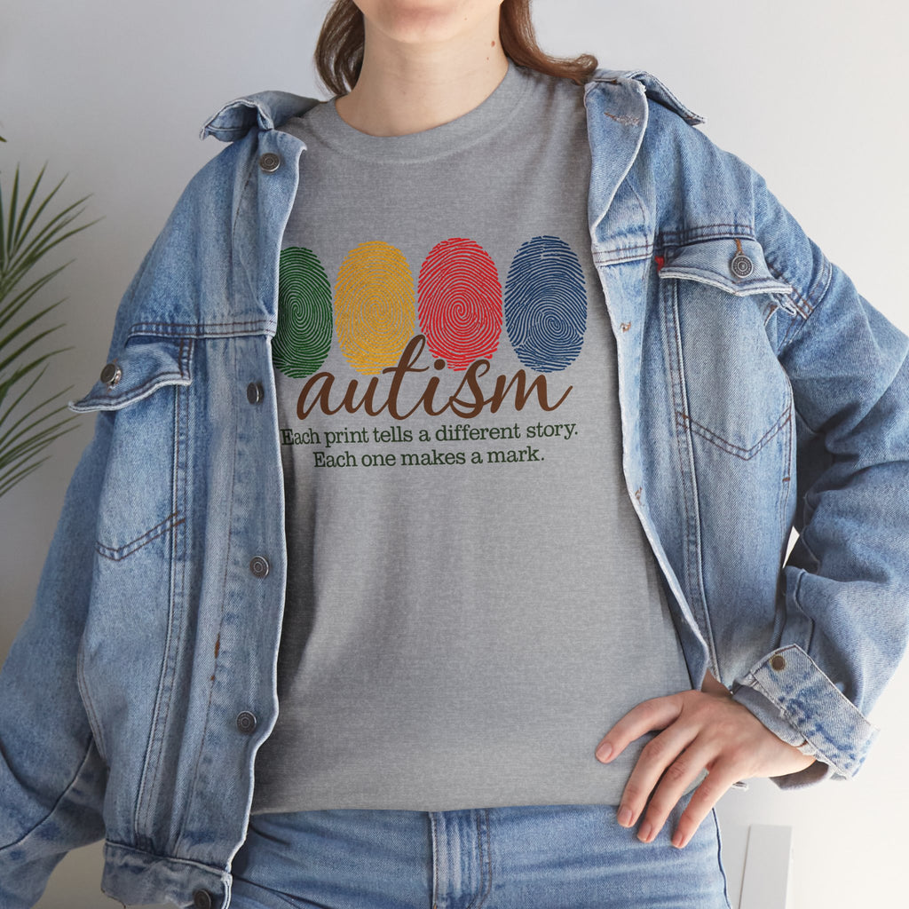 Autism Awareness T-Shirt — "Each Print Tells a Different Story" Colorful Fingerprint Tee