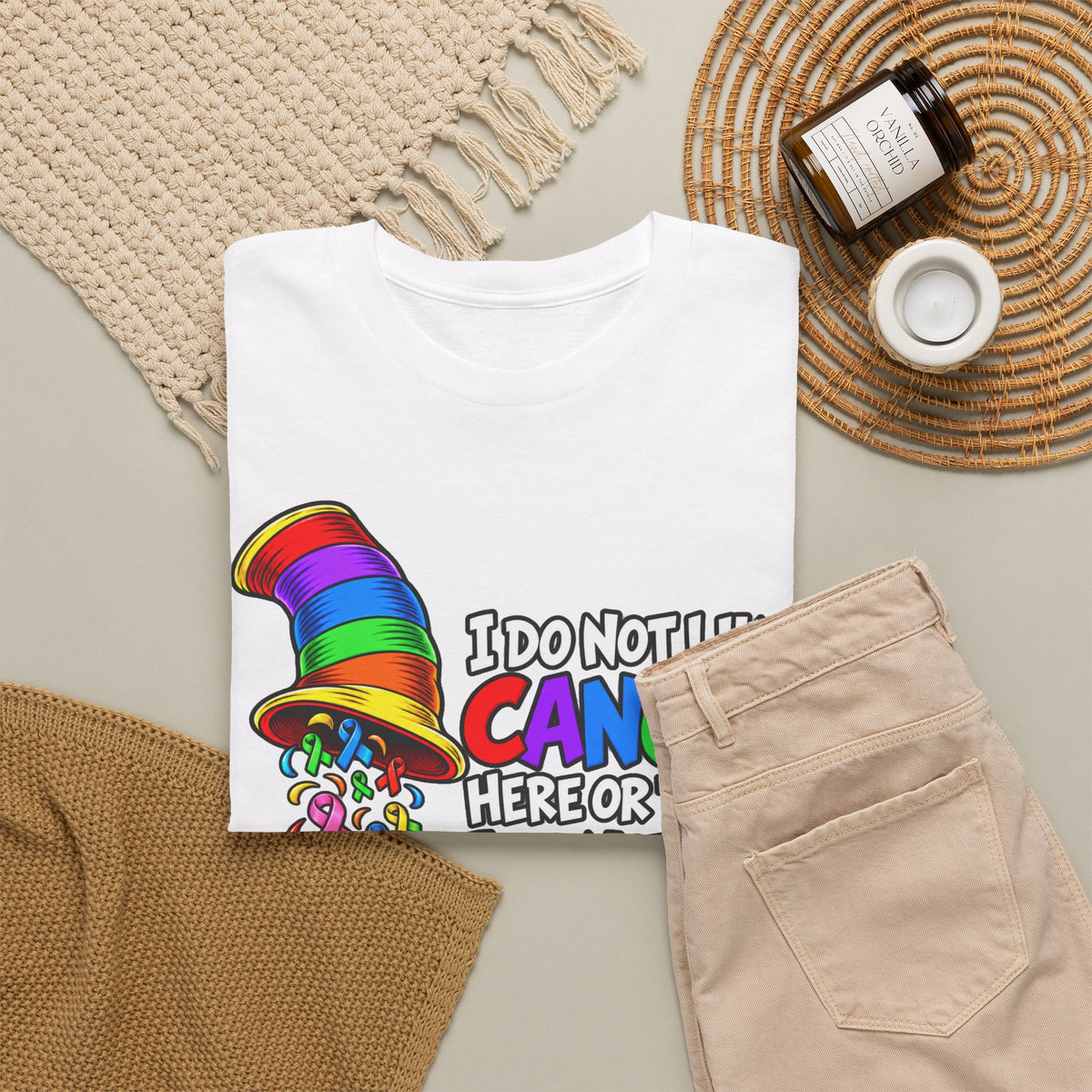 Cancer Awareness T-Shirt — “I Do Not Like Cancer Here or There” Rainbow Ribbon Tee