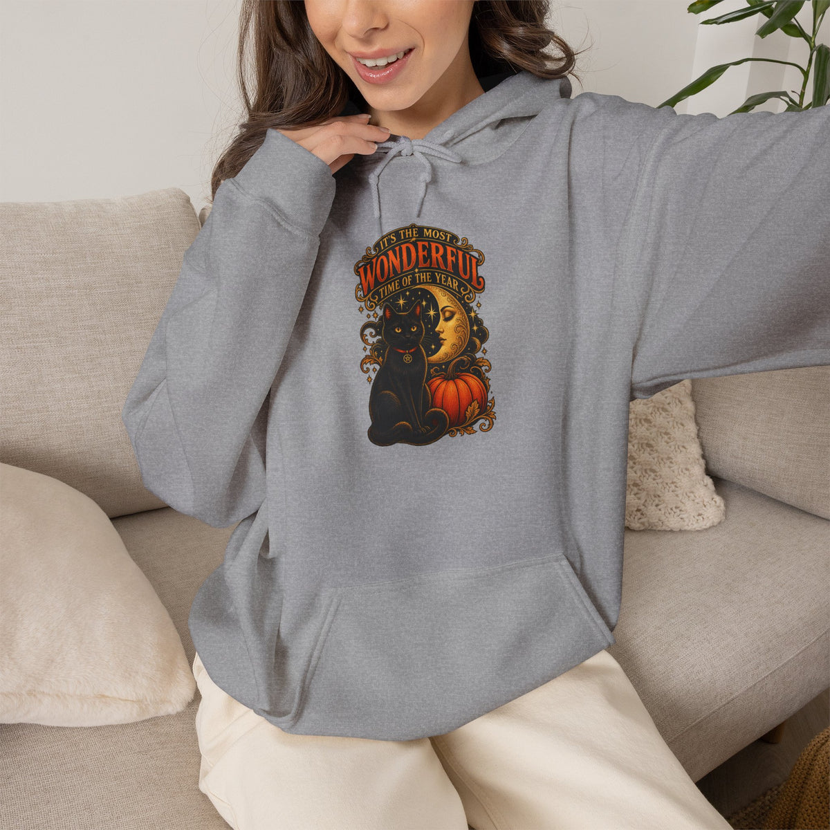Halloween Black Cat Moon Hoodie – Vintage Pumpkin & Crescent Moon Fall Sweatshirt