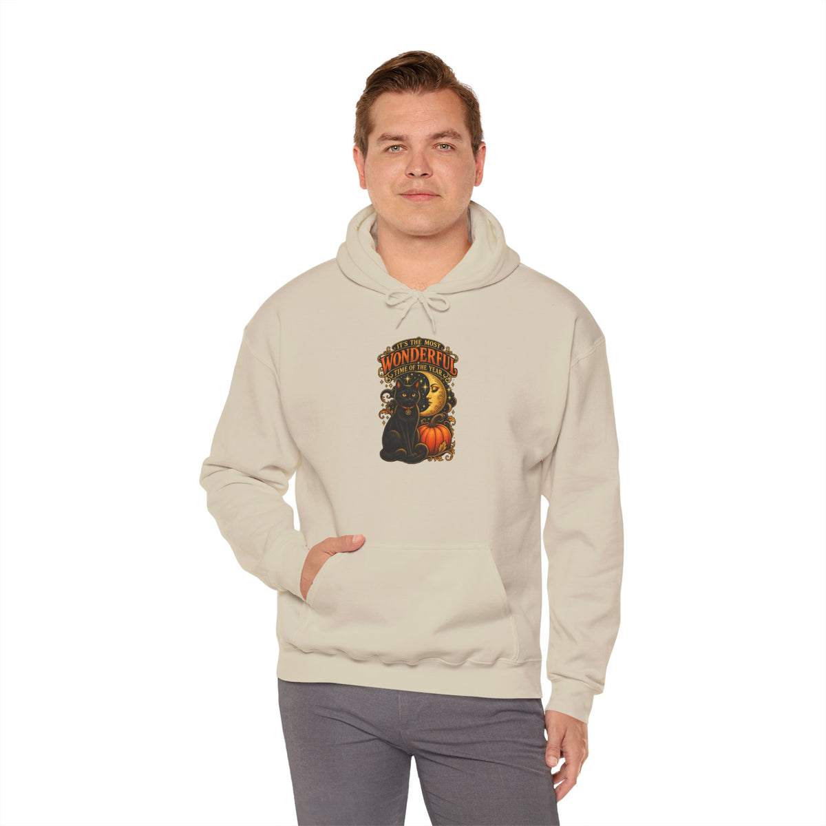 Halloween Black Cat Moon Hoodie – Vintage Pumpkin & Crescent Moon Fall Sweatshirt