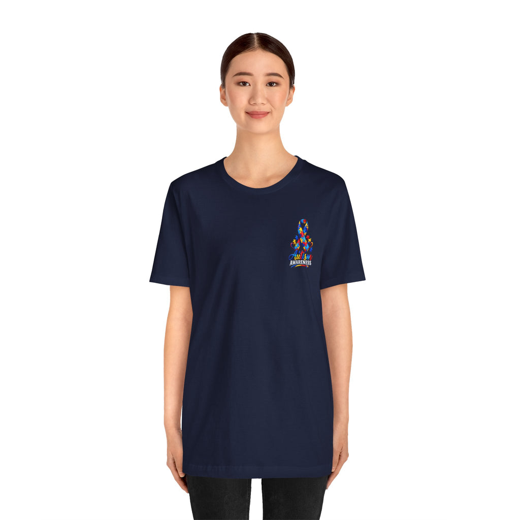 Autism Awareness Ribbon Chest Tee — 'Different, Not Less' Short Sleeve T-Shirt