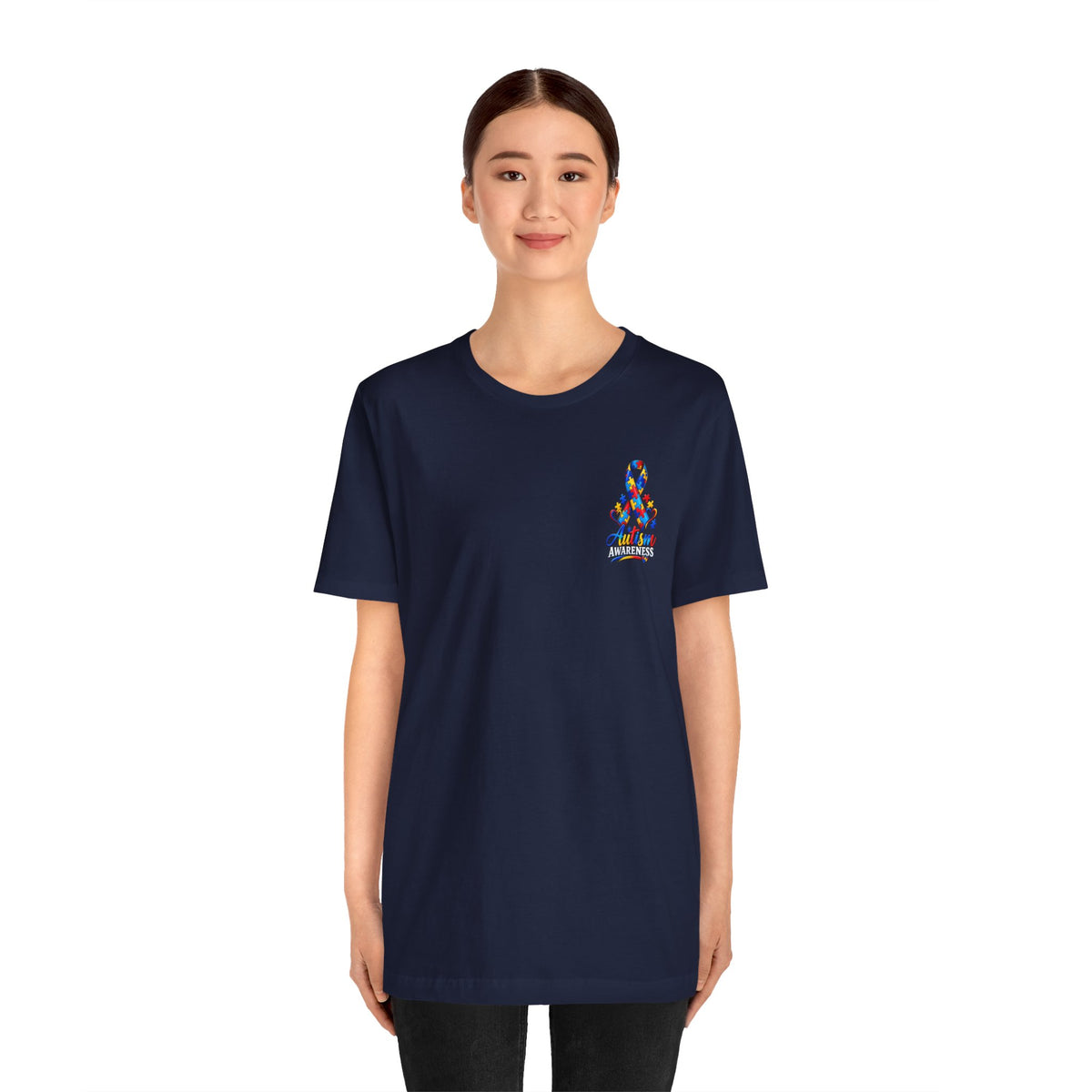 Autism Awareness Ribbon Chest Tee — 'Different, Not Less' Short Sleeve T-Shirt