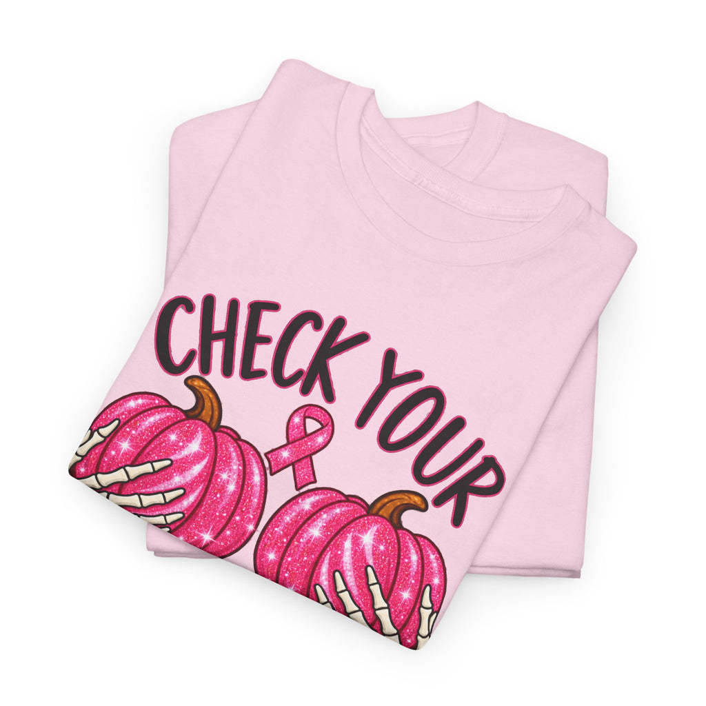 Breast Cancer Awareness T-Shirt — "Check Your Pumpkins for Lumps" Pink Ribbon Tee