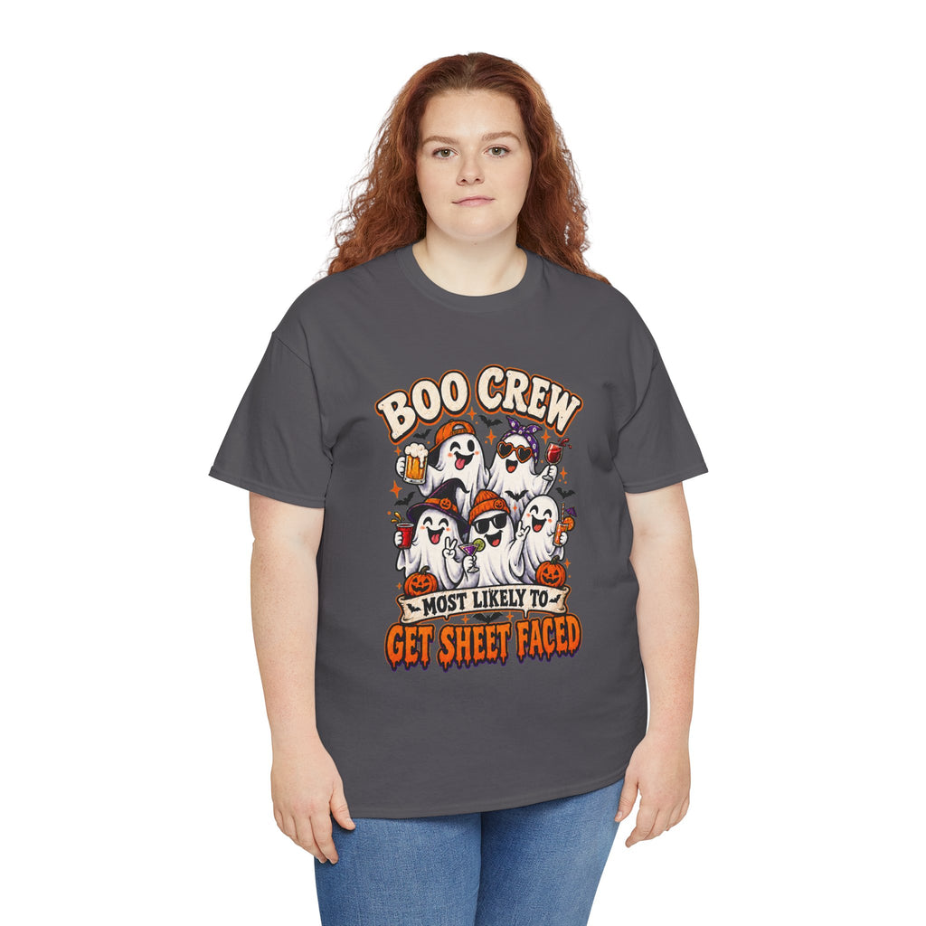 Boo Crew Halloween T-Shirt — “Most Likely to Get Sheet Faced” Funny Ghost Party Tee