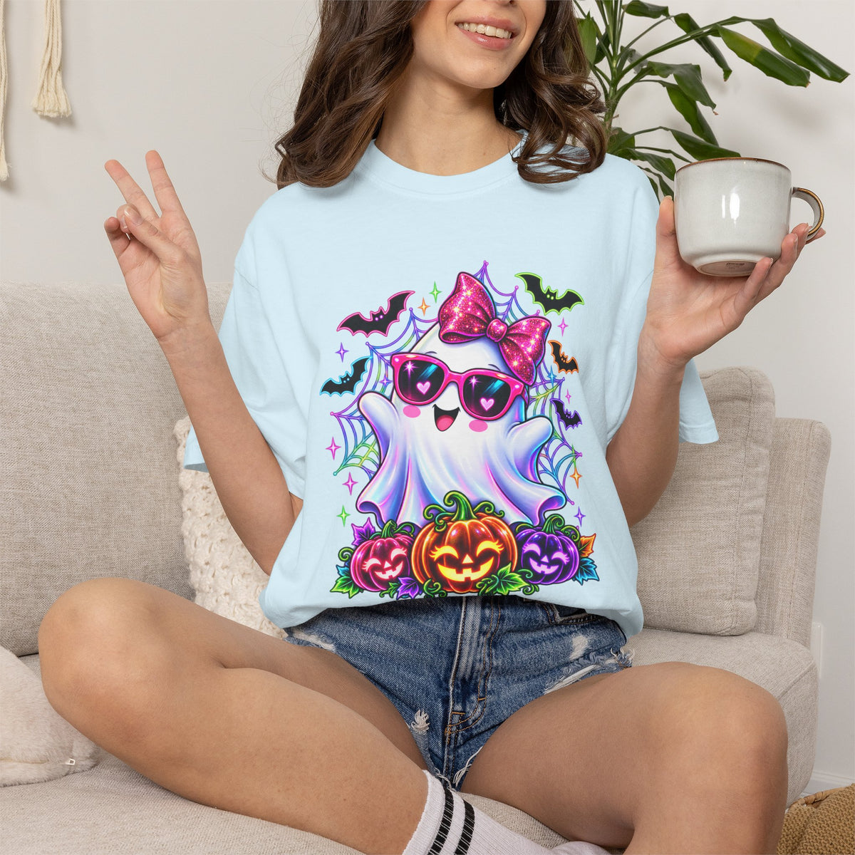 Cute Halloween Ghost T-Shirt — Pink Bow Ghost with Sunglasses & Pumpkins