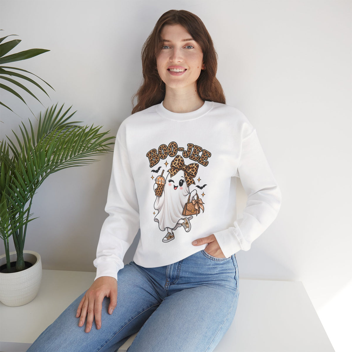 Boo-Jee Leopard Ghost Sweatshirt — Cute Halloween Graphic Crewneck
