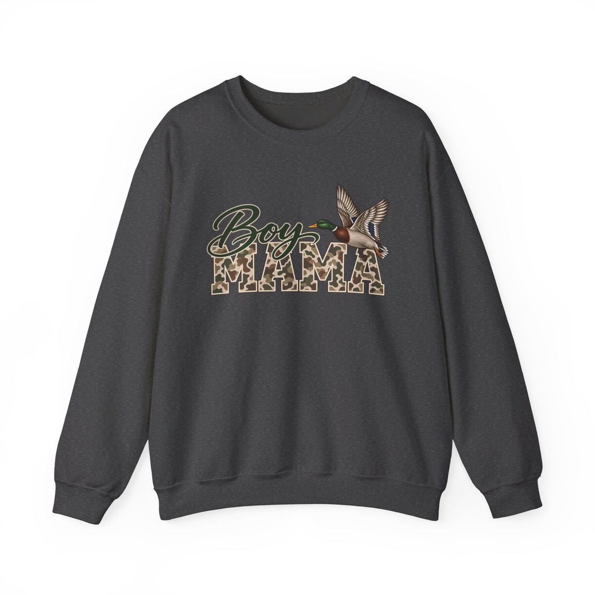 Boy Mama Crewneck Sweatshirt — Camo Lettering with Flying Duck