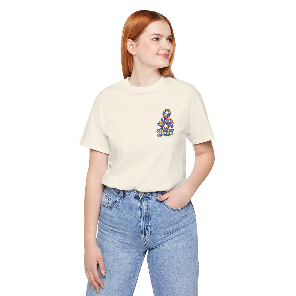 Autism Awareness Ribbon Chest Tee — 'Different, Not Less' Short Sleeve T-Shirt