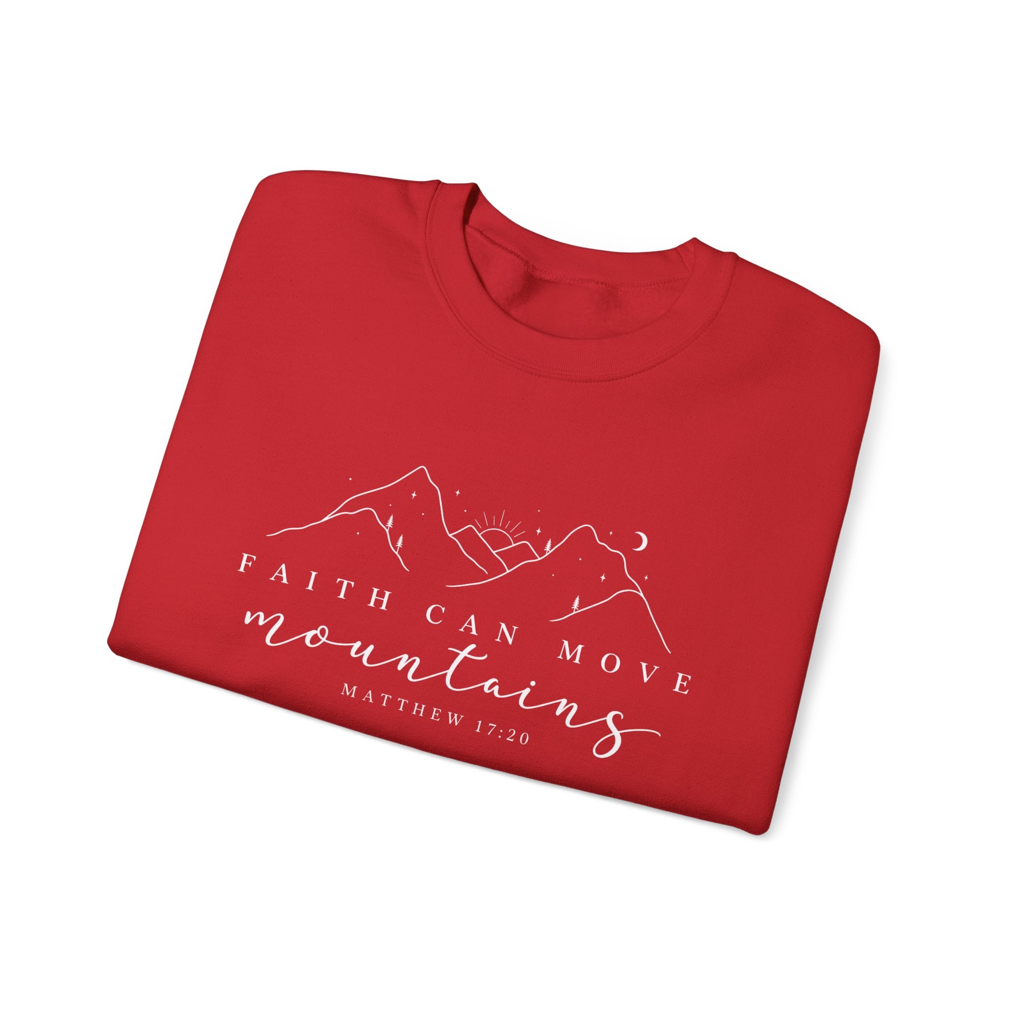 Faith Can Move Mountains Crewneck Sweatshirt — Matthew 17:20 Christian Mountain Design