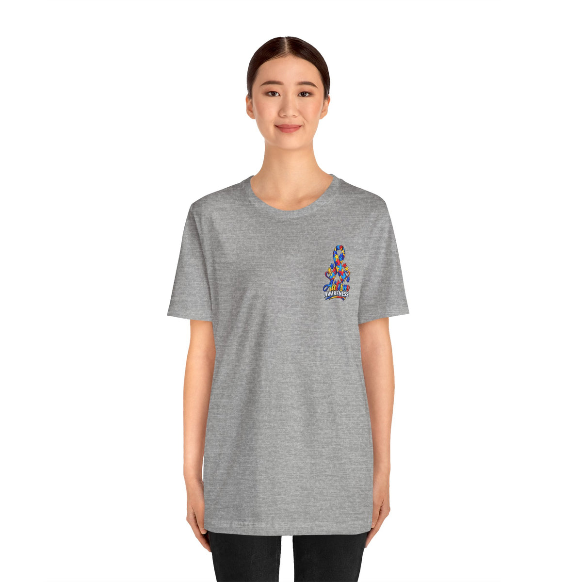 Autism Awareness Ribbon Chest Tee — 'Different, Not Less' Short Sleeve T-Shirt