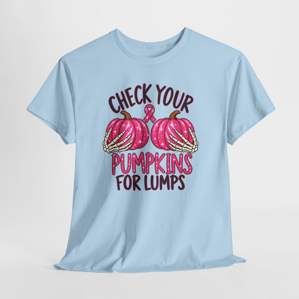 Breast Cancer Awareness T-Shirt — "Check Your Pumpkins for Lumps" Pink Ribbon Tee