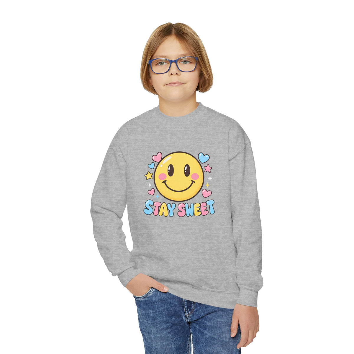 Youth Crewneck Sweatshirt — Cute Smiley "Stay Sweet" Graphic, Kids Cozy Pullover
