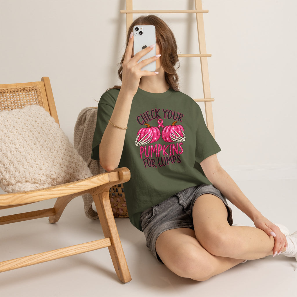Breast Cancer Awareness T-Shirt — "Check Your Pumpkins for Lumps" Pink Ribbon Tee