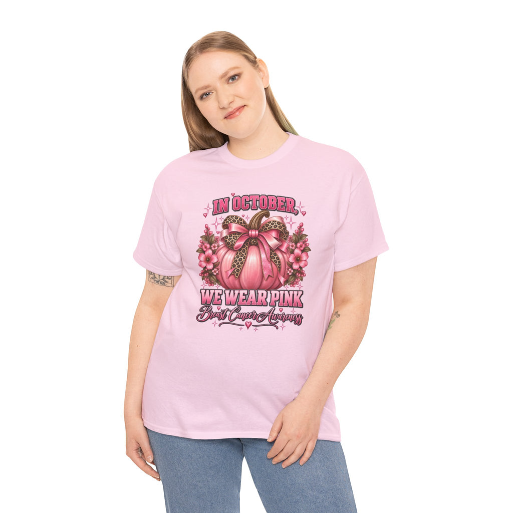 Breast Cancer Awareness T-Shirt — "In October We Wear Pink" Pumpkin Design