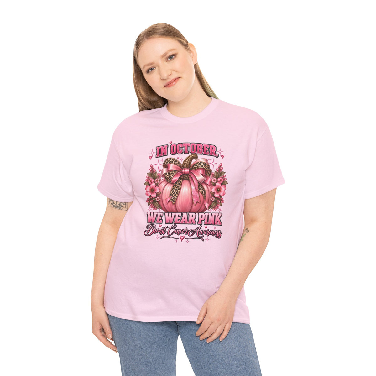 Breast Cancer Awareness T-Shirt — "In October We Wear Pink" Pumpkin Design