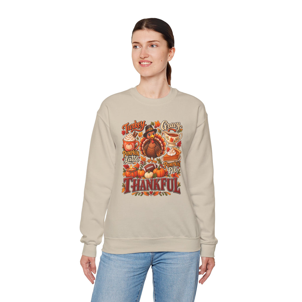 Thankful Thanksgiving Sweatshirt — Cute Turkey & Fall Harvest Crewneck