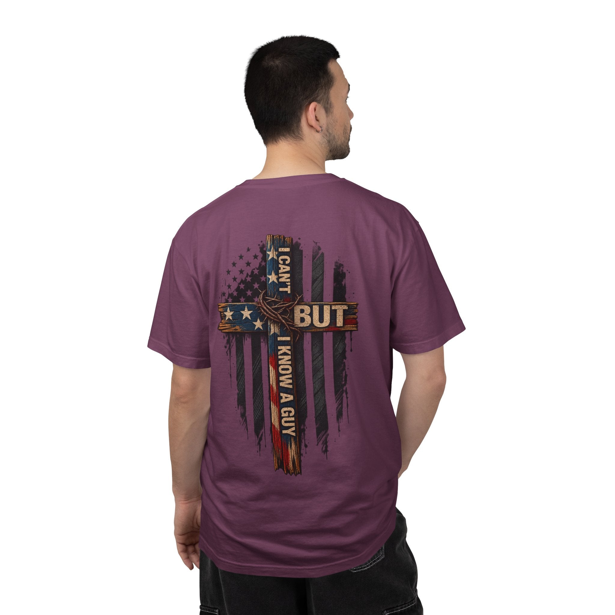 T-Shirt — 'I Can't But I Know A Guy' American Flag Cross Graphic