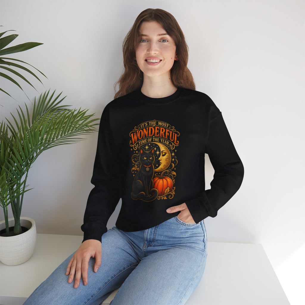 Vintage Halloween Sweatshirt - "It's the Most Wonderful Time of the Year" Black Cat & Moon Design