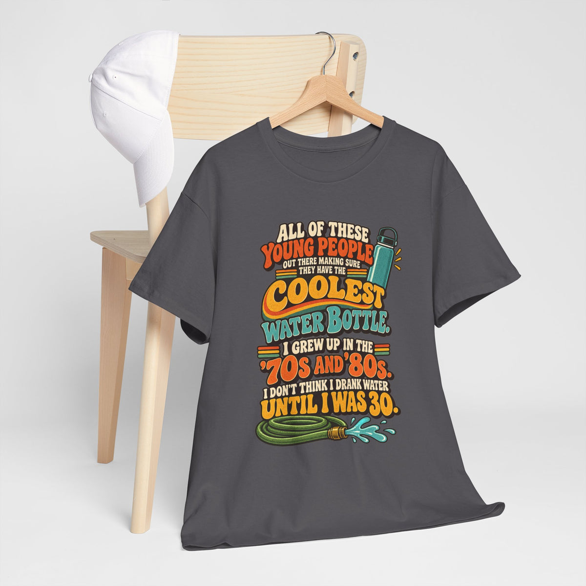 Retro 70s-80s Funny Water Bottle Tee — "Coolest Water Bottle" Graphic T-Shirt