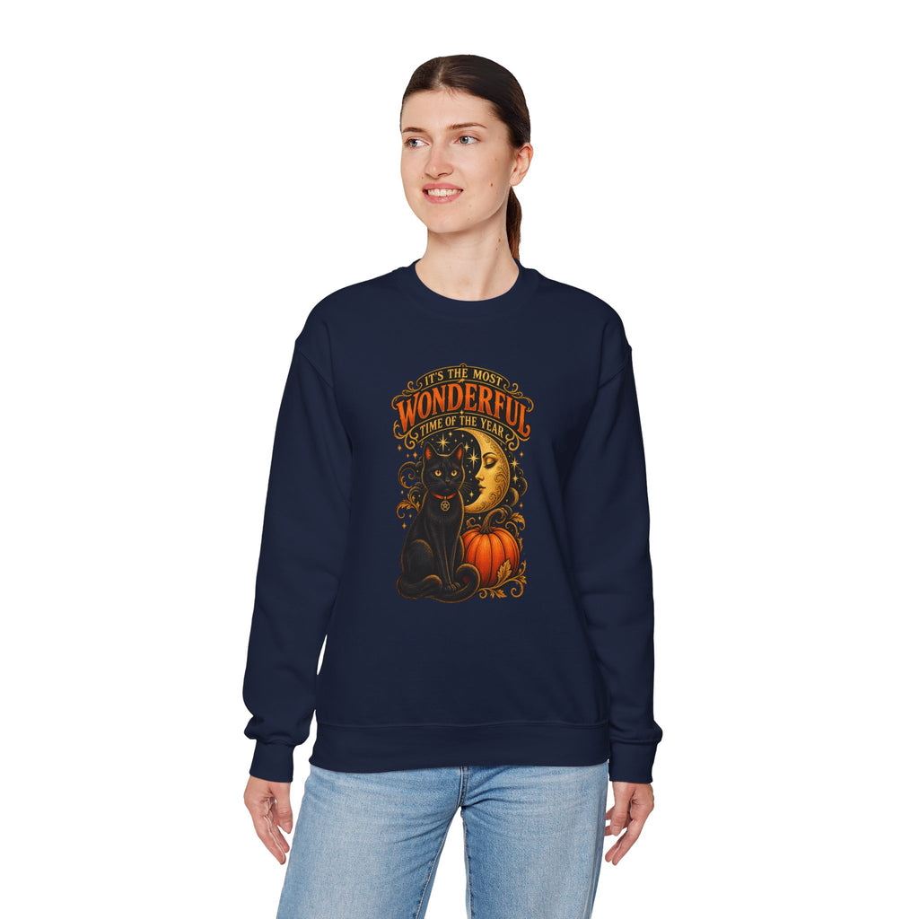 Vintage Halloween Sweatshirt - "It's the Most Wonderful Time of the Year" Black Cat & Moon Design