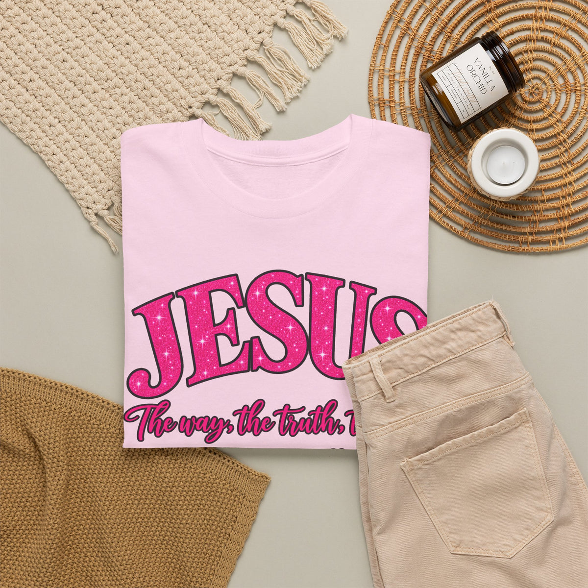 Christian T-Shirt — "JESUS The way, the truth, the life" (John 14:6) Pink Vintage Script