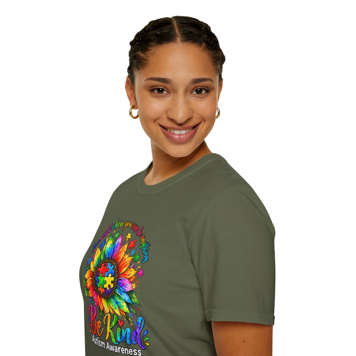 Autism Awareness Sunflower T-Shirt — 'Be Kind' Rainbow Puzzle Design