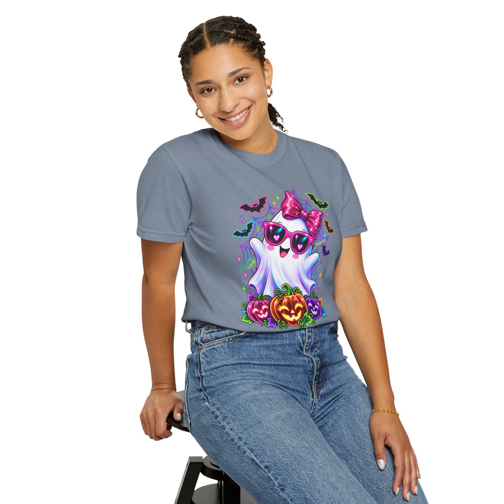 Cute Halloween Ghost T-Shirt — Pink Bow Ghost with Sunglasses & Pumpkins