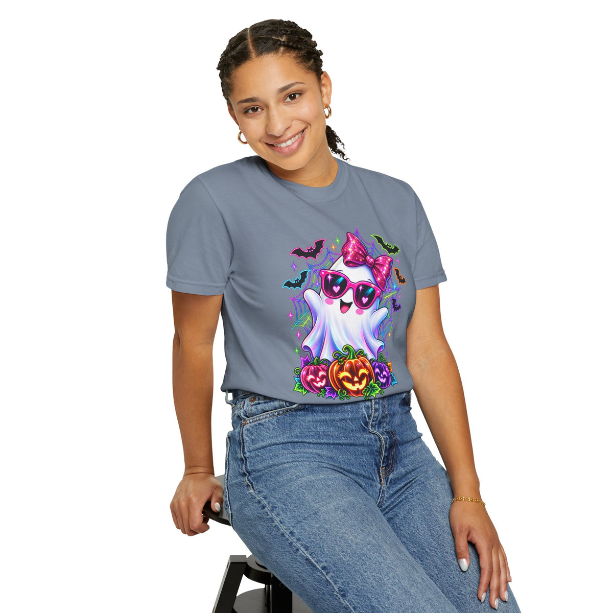 Cute Halloween Ghost T-Shirt — Pink Bow Ghost with Sunglasses & Pumpkins