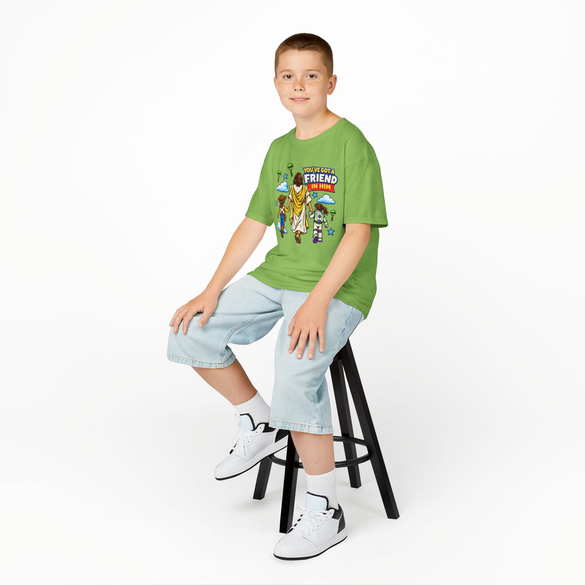 Kids Tee — "You've Gotta Friend in Him" Inspirational Jesus & Toy Friends Graphic