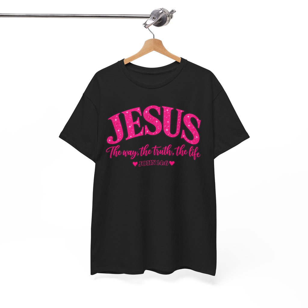 Christian T-Shirt — "JESUS The way, the truth, the life" (John 14:6) Pink Vintage Script