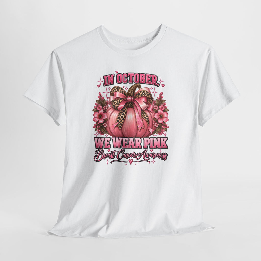 Breast Cancer Awareness T-Shirt — "In October We Wear Pink" Pumpkin Design