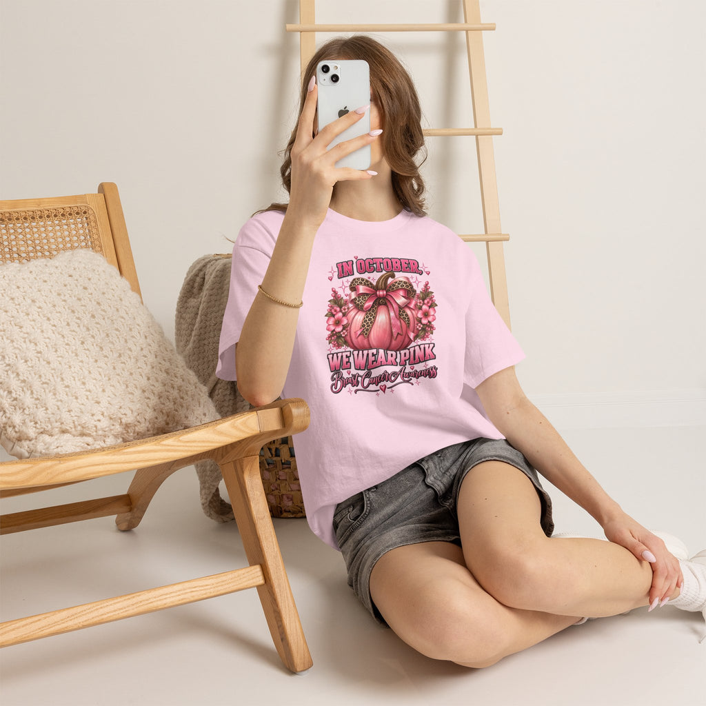 Breast Cancer Awareness T-Shirt — "In October We Wear Pink" Pumpkin Design